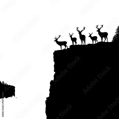 Deer herd stands on cliff edge with majestic antlers