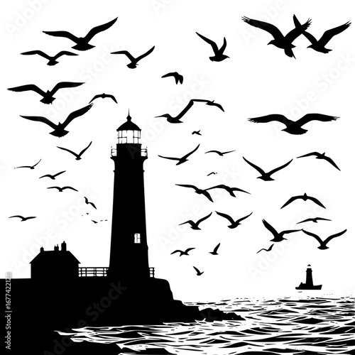 Seagulls soar around a lighthouse by the sea