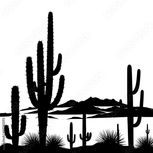 Desert landscape with cacti and mountains