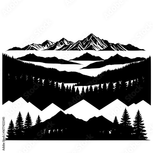 Majestic mountain range with pine forest and water