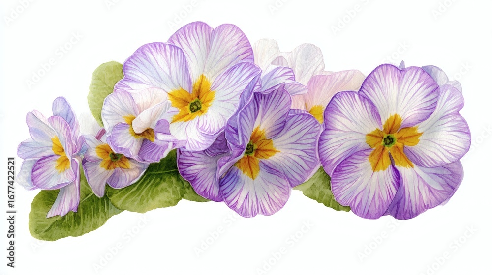 Obraz premium A cluster of beautifully detailed purple and white pansy flowers with yellow centers, surrounded by green leaves