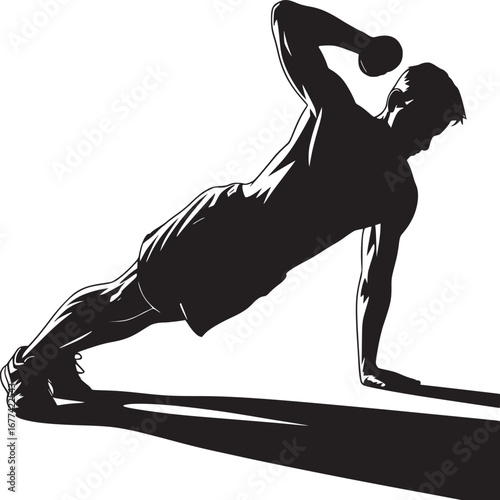 Silhouette of man doing push up with dumbbell in hand on white background in graphic style