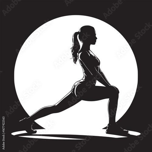 Silhouette of woman stretching in front of a bright circle on a black background illustration