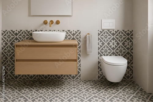 Contemporary toilet with patterned cement tiles, floating vanity, brass taps