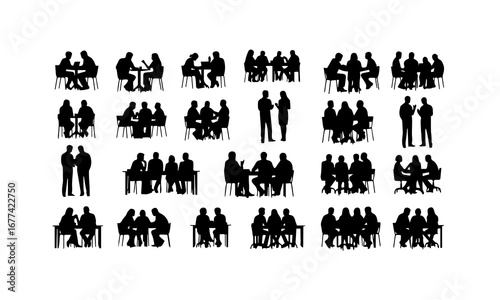  Silhouettes of people in various business and social interactions, some seated at tables and others standing, white background