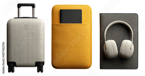 Modern Travel Accessories Set with Luggage, Case, and Headphones