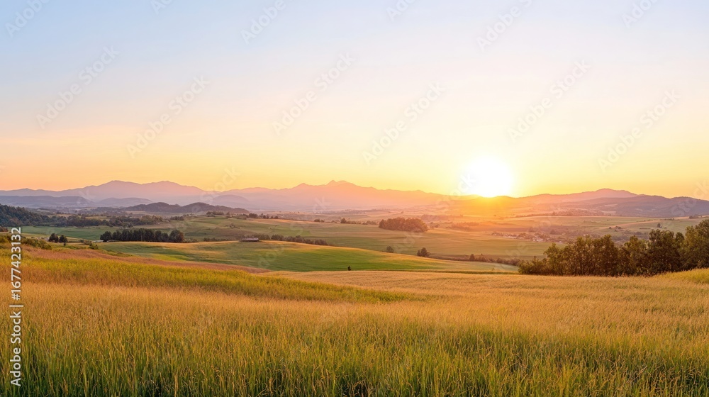 Obraz premium Golden Horizon: Witness the captivating beauty of a sun-kissed landscape, where rolling fields of wheat meet the majestic embrace of distant mountains.