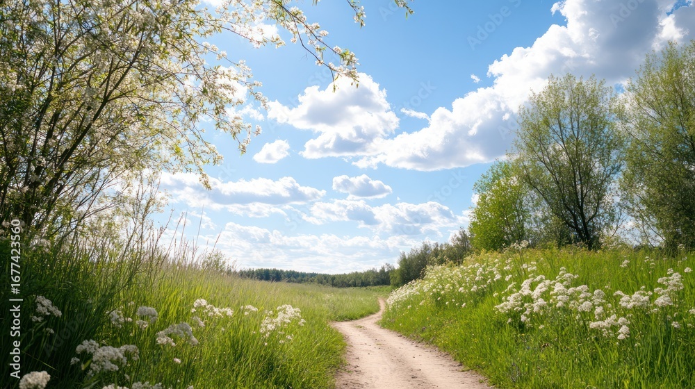 Fototapeta premium Pathway to Serenity: A scenic dirt road winds its way through a lush meadow, leading towards a horizon of trees. The sky above is a canvas of brilliant blue adorned with fluffy white clouds.