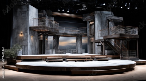 A meticulously designed stage setting, featuring layered concrete and wood structures, creates a dramatic and atmospheric backdrop.