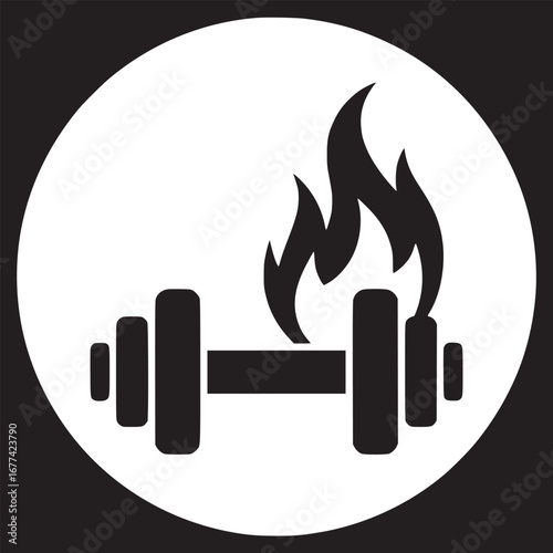 A black and white graphic of a dumbbell with flames inside a circle on a black background