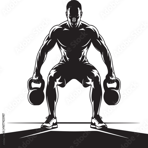Silhouette of a muscular man squatting while holding kettlebells in a black and white illustration