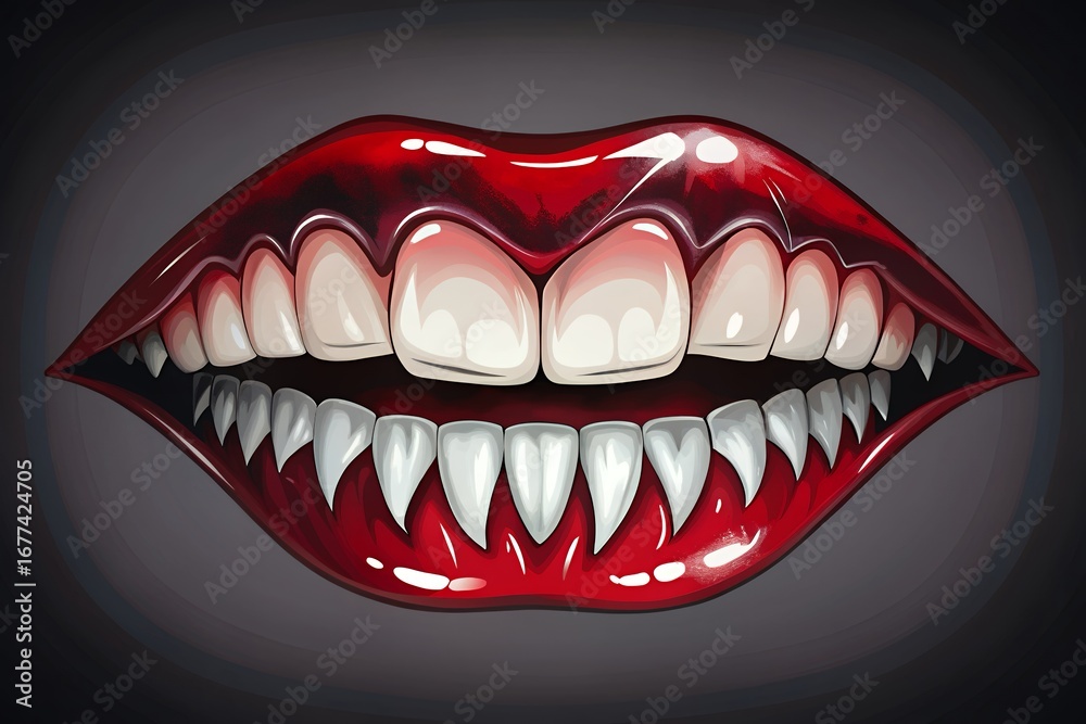 Naklejka premium Glistening red lips reveal sharp jagged teeth in a fierce grin