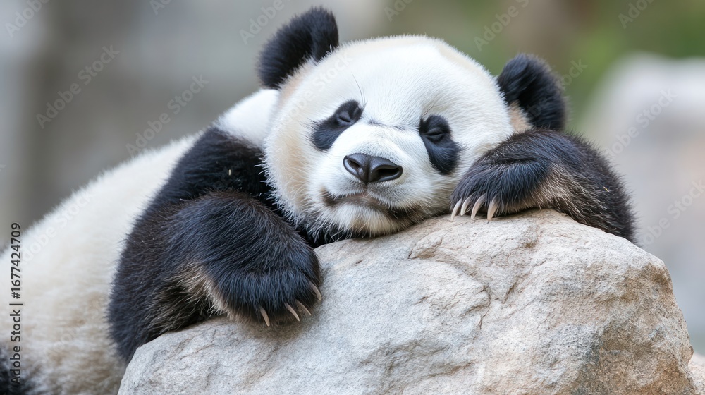 Obraz premium Panda's Peaceful Slumber: A panda is resting peacefully, showcasing its captivating markings and relaxed demeanor, highlighting the tranquility of this gentle giant.