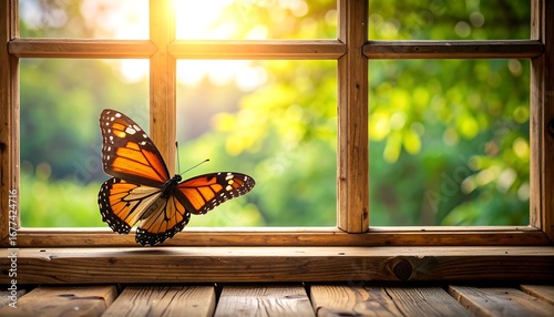 Butterfly at window, sunlight streaming through