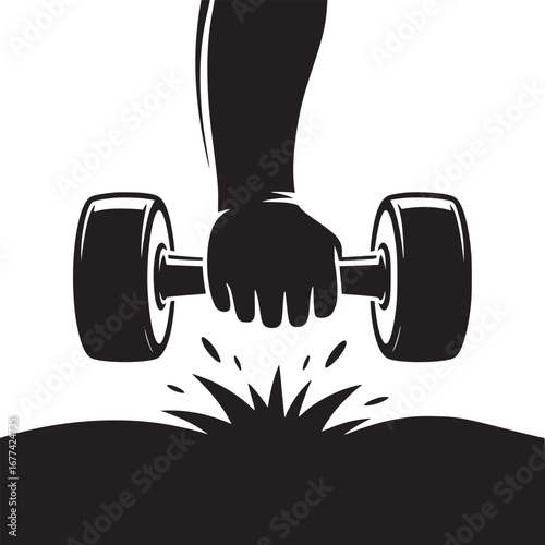 A graphic illustration of a hand holding a dumbbell with a burst effect at the bottom in black and white