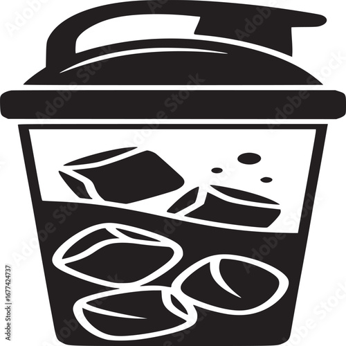 Black silhouette of a protein shaker with ice cubes and liquid on a white background in a simple style
