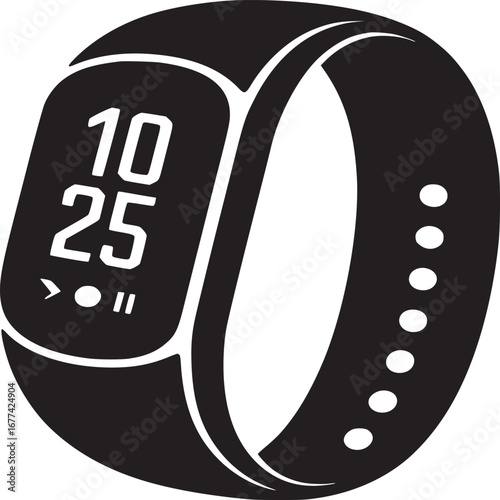 A black and white illustration of a fitness tracker displaying the time as ten twenty five am