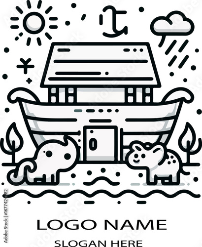 Cute noahs ark outline logo icon vector white background .