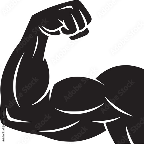 Illustration of a muscular arm flexing with a clenched fist on a white background in black and white