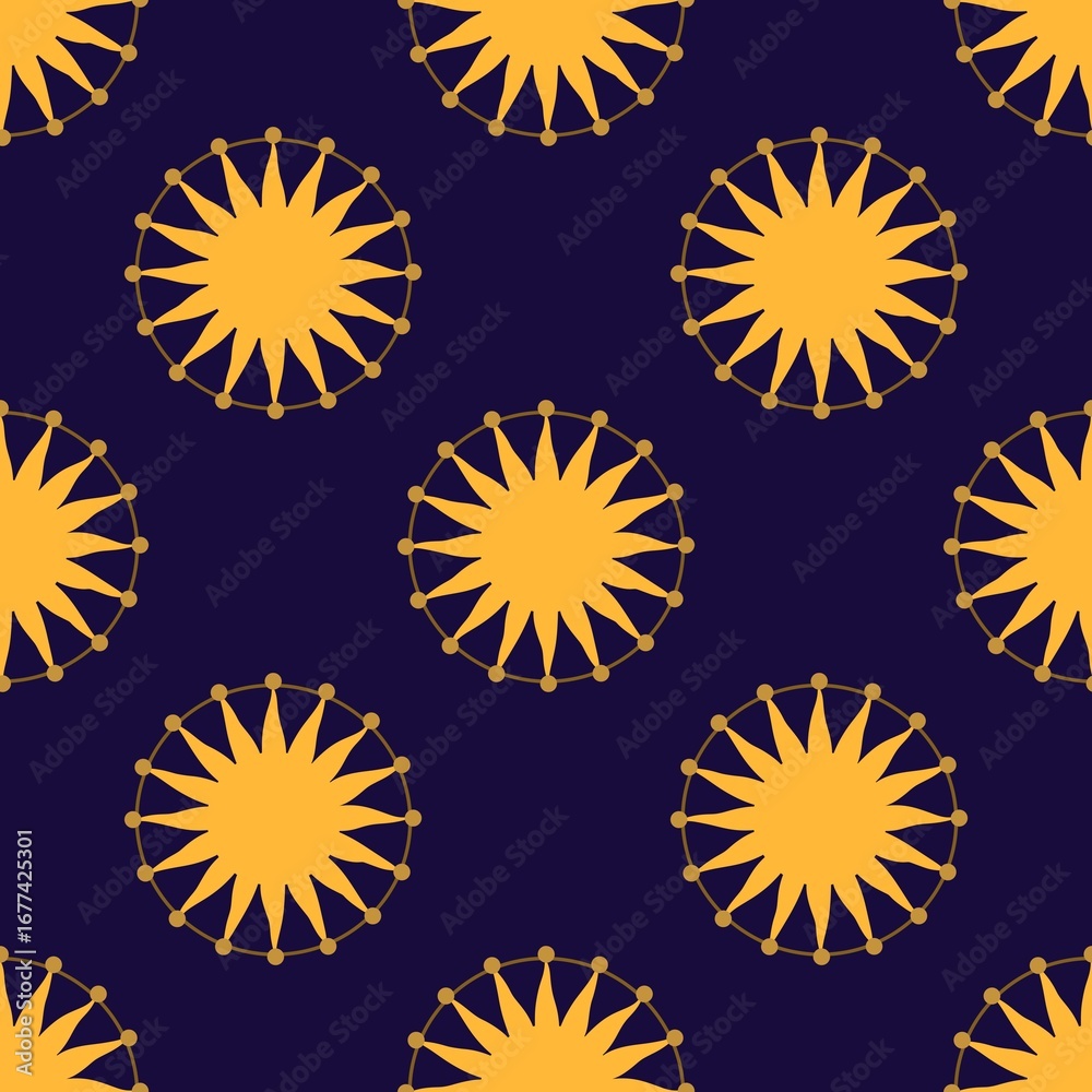 Fototapeta premium Golden Sunburst Seamless Pattern on Dark Blue Background