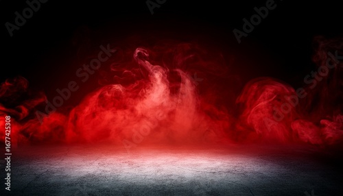 abstract red smoke rising against a black background with a concrete floor in a dark room the empty scene is perfect for product display presentation and studio decoration creating a dramatic and