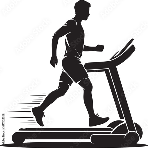 Silhouette of a man running on a treadmill against a white background in a graphic illustration