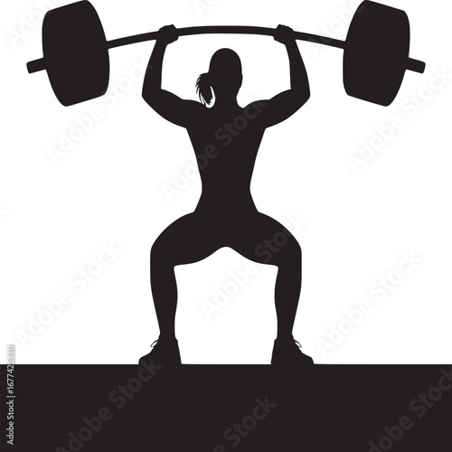 Silhouette of a woman lifting a barbell overhead in a squat position against a white background
