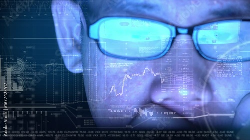 A close-up of a person interacting with digital data visuals, symbolizing data analysis and technology's impact on decision-making.