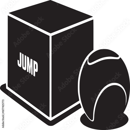 Illustration of a black cube with the word jump and a tennis ball on a plain white background image