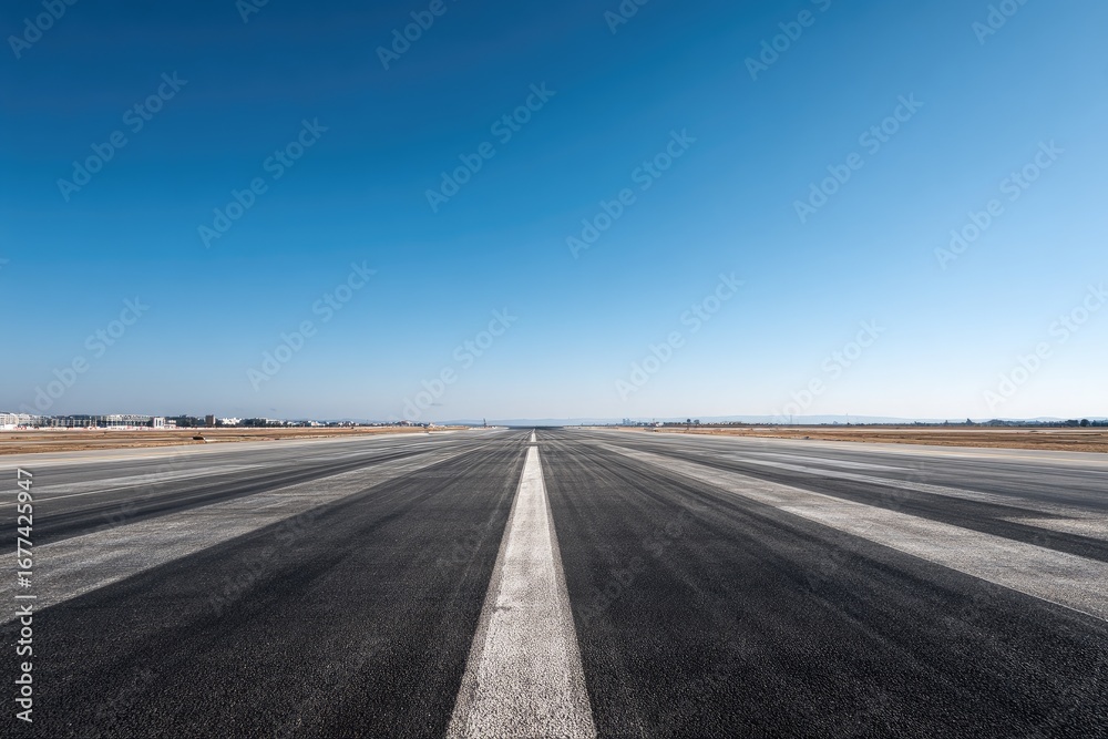 Fototapeta premium Empty airport runway stretches into a clear blue sky