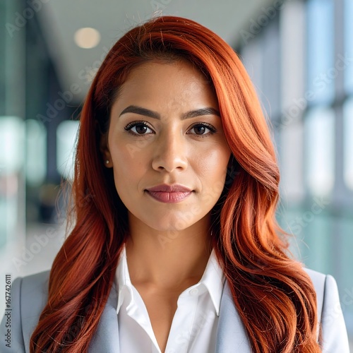Businesswoman with red hair, serious expression