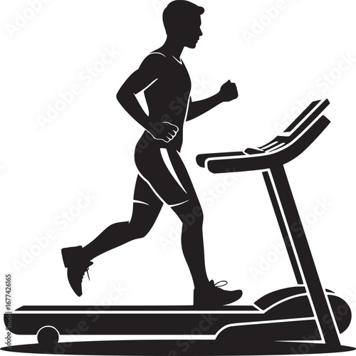 Silhouette of a man running on a treadmill in black and white for fitness and exercise concept art