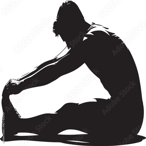 Silhouette of a man stretching his legs while sitting on the ground against a white background