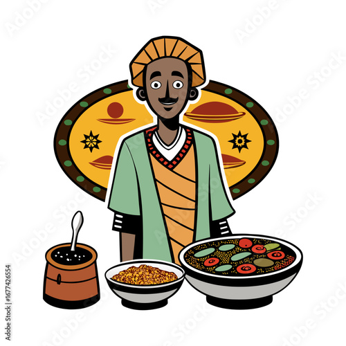 Authentic Ethiopian injera with stews vector illustration, traditional African flatbread food art, cultural cuisine design, editable restaurant artwork