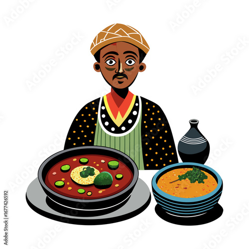 Authentic Ethiopian injera with stews vector illustration, traditional African flatbread food art, cultural cuisine design, editable restaurant artwork