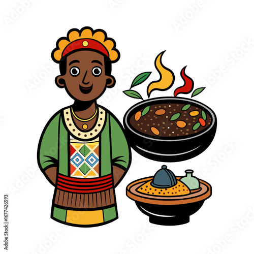 Authentic Ethiopian injera with stews vector illustration, traditional African flatbread food art, cultural cuisine design, editable restaurant artwork