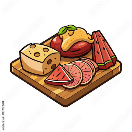 Elegant wooden charcuterie board vector illustration with assorted cheese, cured meats, gourmet snacks, perfect food design for restaurants and branding