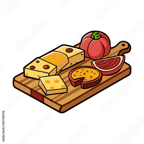 Elegant wooden charcuterie board vector illustration with assorted cheese, cured meats, gourmet snacks, perfect food design for restaurants and branding