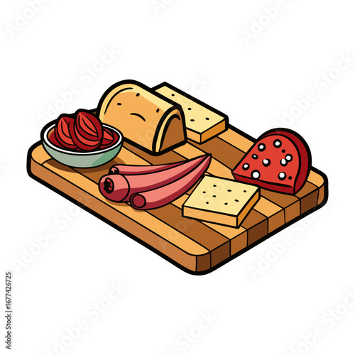 Elegant wooden charcuterie board vector illustration with assorted cheese, cured meats, gourmet snacks, perfect food design for restaurants and branding