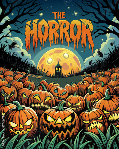 Horror movie poster design featuring a field of jack o lanterns isolated on transparent background