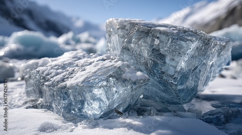 Close-up view of icy blocks, showcasing intricate patterns and shades of translucent blue, set against a backdrop of snow and distant mountains.
