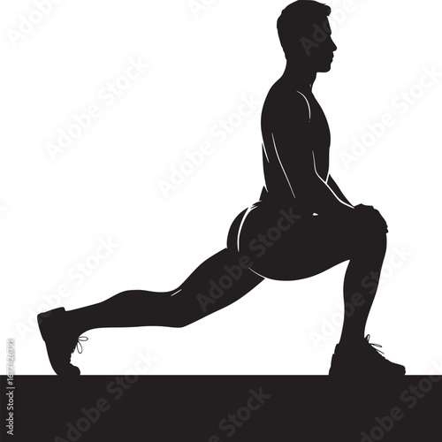 Silhouette of a man in a lunge position stretching his leg against a white background in a studio