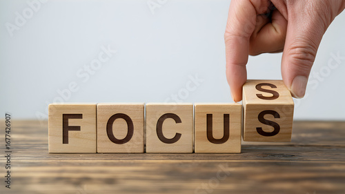Focus Concept Wooden Blocks With Hand Rearranging Letters Representing Concentration Attention Direction And Motivation