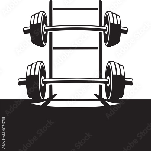 Black and white graphic illustration of a weight rack with two barbells on a white background