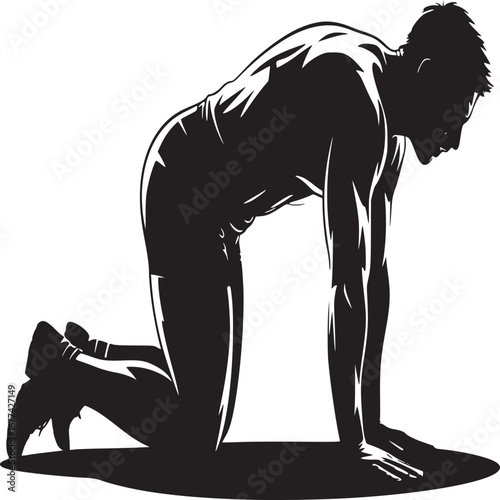 Silhouette of a man in a kneeling position with hands on the floor in a white background image