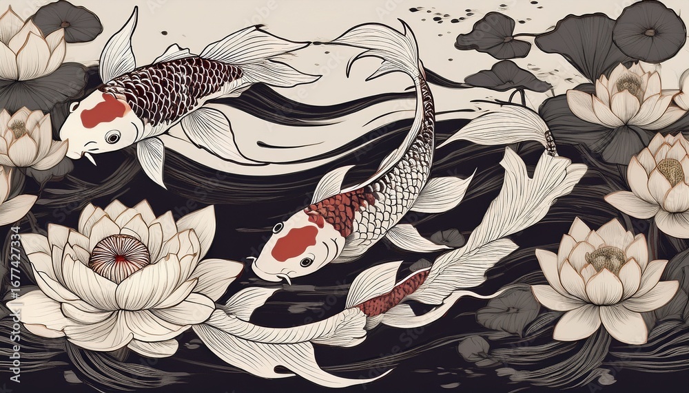 a repeating koi fish and lotus blossom design in traditional ink wash style a repeating koi fish and lotus blossom design in traditional ink wash style