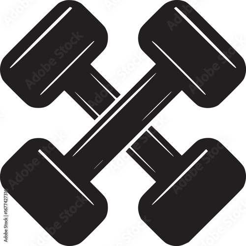 A graphic of two black dumbbells crossed over each other on a white background in simple style