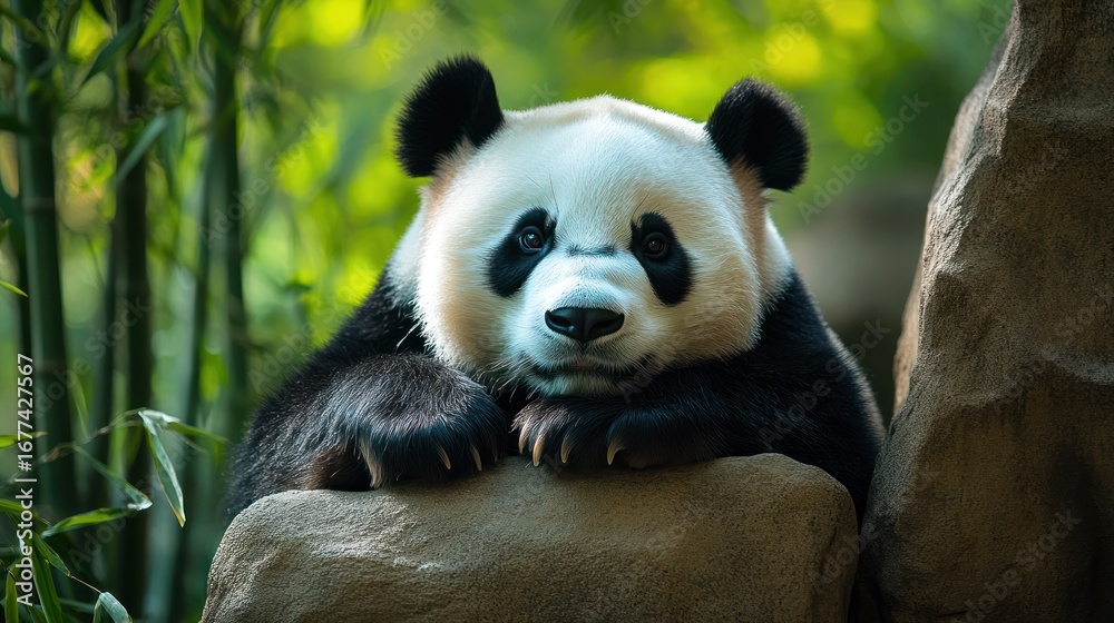 Obraz premium Gentle Panda Poses Serene: A captivating portrait captures the serene essence of a giant panda as it rests gently on a stone. Surrounded by lush bamboo, this image evokes a sense of tranquility.
