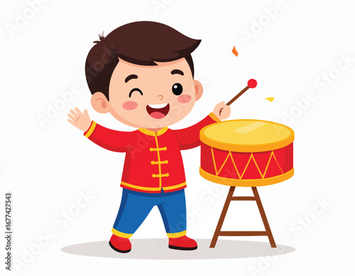 Cartoon boy in traditional Chinese clothing playing a drum, happy and energetic.
