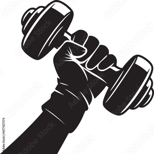 A stylized graphic of a hand holding a dumbbell in black and white against a plain white background